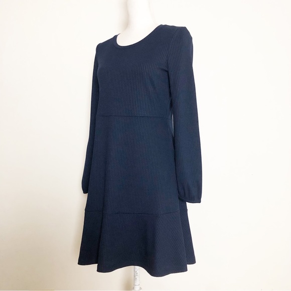 ANTHROPOLOGIE LEA & VIOLA Navy Tiered Long Sleeve Rib-Knit Dress Size Large - Picture 3 of 15